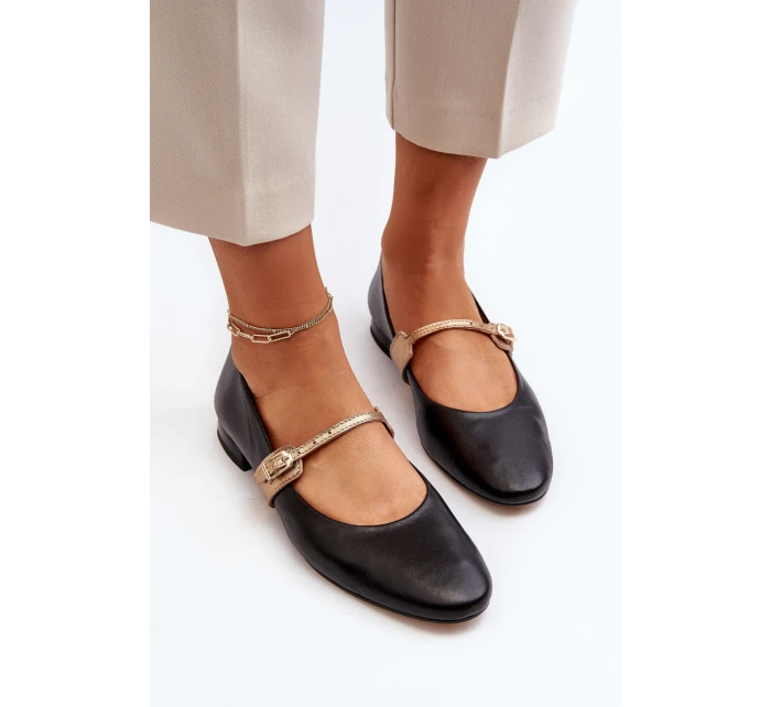 Skórzane Baleriny Damskie Na Płaskim Obcasie Laura Messi 2774 Czarne
