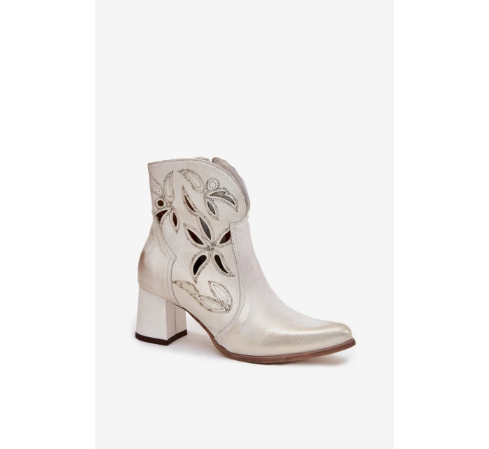 Skórzane Ażurowe Botki Damskie Na Słupku Zazoo 3647 Złoty Przecierany