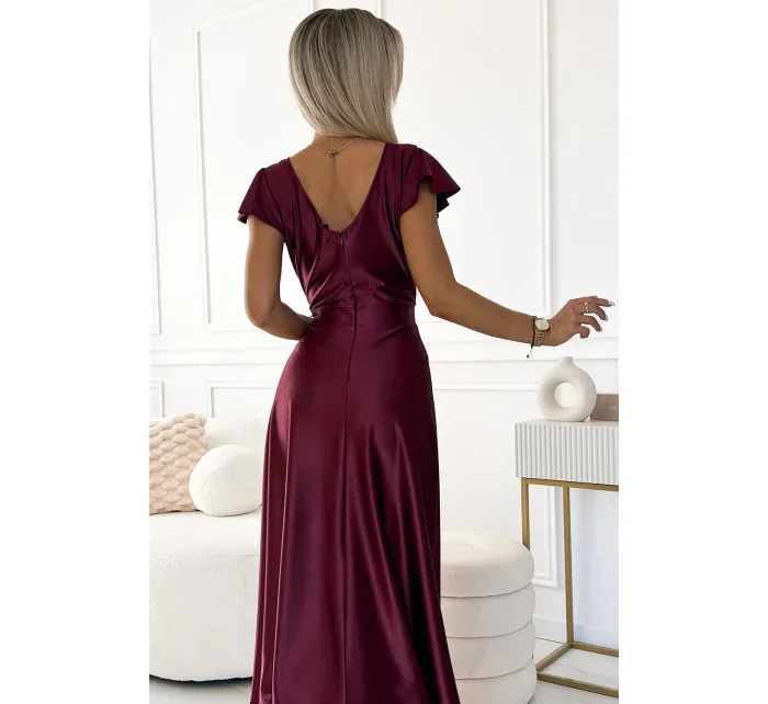 411-10 CRYSTAL saténové dlhé šaty s výstrihom - bordové