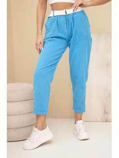 Dámske manšestrové nohavice s opaskom tyrkysové