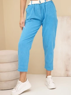 Dámske manšestrové nohavice s opaskom tyrkysové