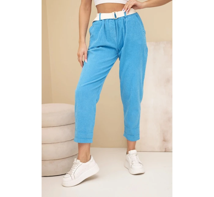 Dámske manšestrové nohavice s opaskom tyrkysové