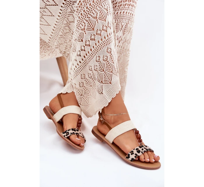 Płaskie Sandały Damskie Z Koralikami Panterka Beżowe Virona Płaskie Sandały Damskie Z Koralikami Panterka Beżowe Virona