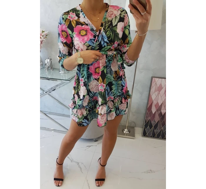 Květinové šaty s vázáním v pase černé