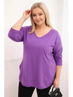 Dámská bavlněná blůza Plus Size s výstřihem do V a ohrnutým rukávem fialová