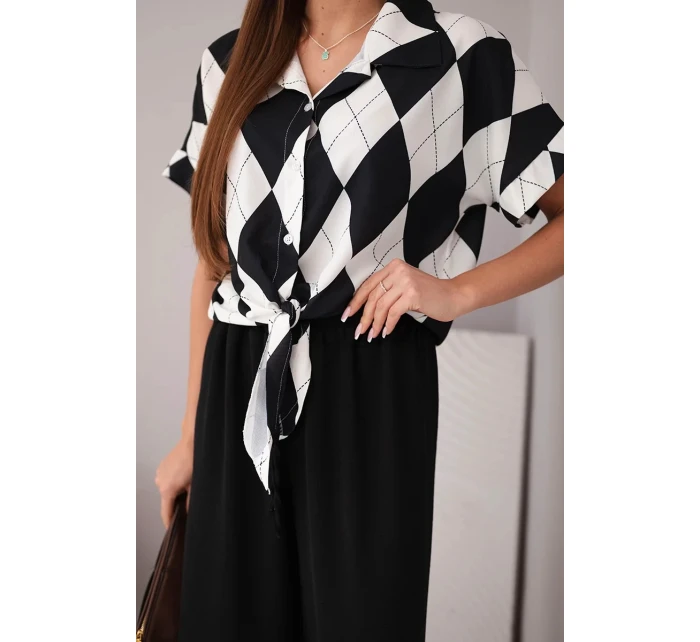 Dámska viskózna košeľa s kravatou a nohavice s gumou čierne