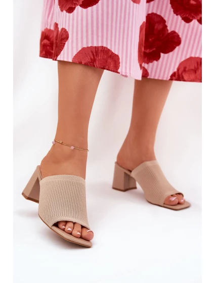 Klapki Damskie Na Obcasie Typu Słupek Beżowe Wenilan