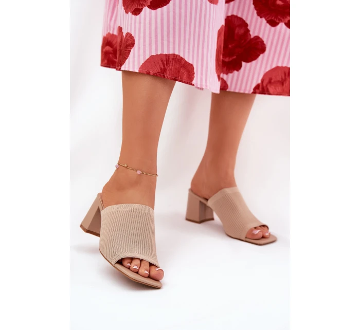 Klapki Damskie Na Obcasie Typu Słupek Beżowe Wenilan