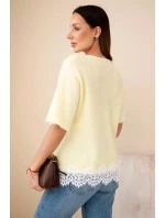 Dámsky sveter s krátkym rukávom a čipkou žltý