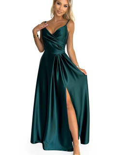Elegantné saténové maxi šaty bez ramienok Numoco CHIARA - zelené