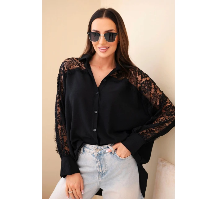 Dámská viskózová košile s krajkovými rukávy a límečkem černá