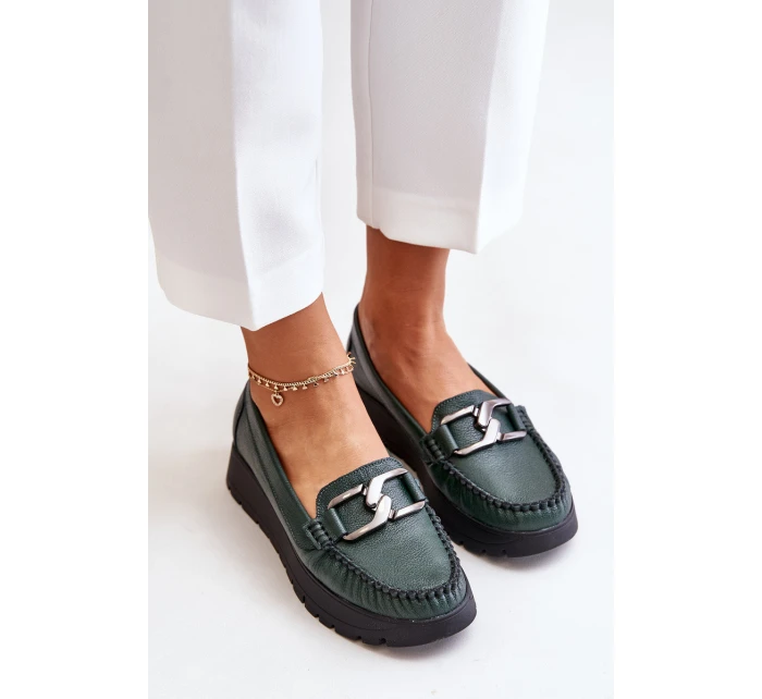 Zazoo 10141 Skórzane Mokasyny Na Platformie Z Ozdobą Ciemnozielone