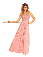 Dlhé dámske šaty v púdrovo ružovej farbe bez rukávov as vyšívaným výstrihom LEA 215-3