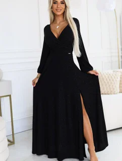 Černé dlouhé lesklé dámské šaty s výstřihem a dlouhými rukávy model 20620011 - numoco