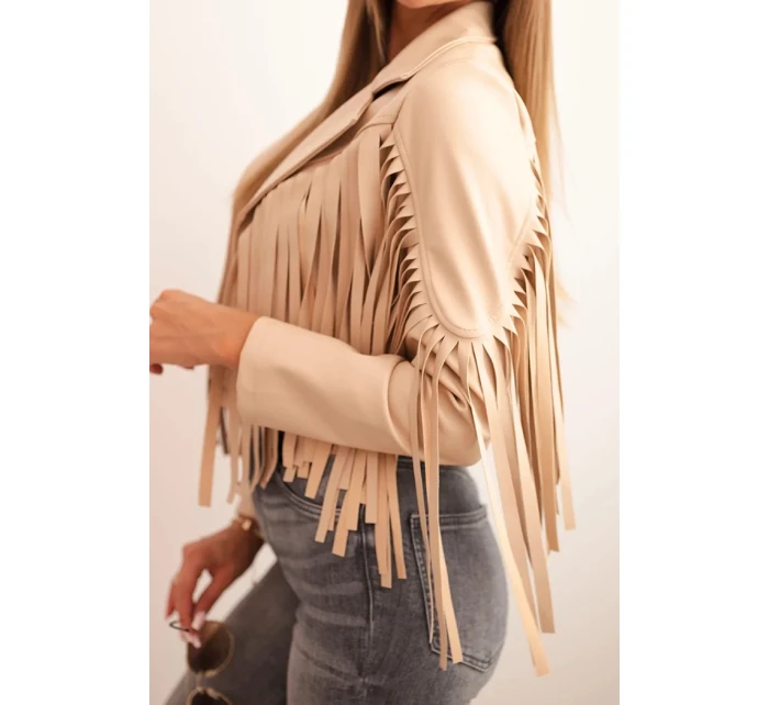 Dámska bunda z ekokože v boho štýle so strapcami svetlo ťavej farby Dámska bunda z ekokože v boho štýle so strapcami svetlo ťavej farby