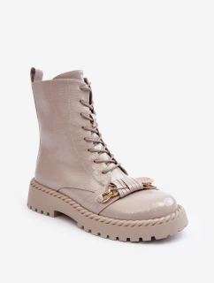 Damskie Lakierowane Botki Workery Z Ozdobą D&A MR870-67 Jasnoszare