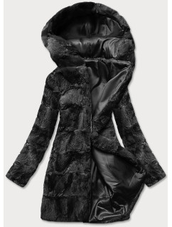 Čierna dámska bunda - kožúšok s kapucňou (BR9741-1)