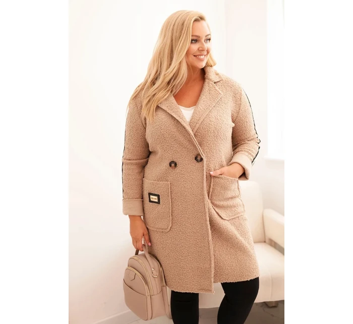 Dámske Plus veľkosť Faux ovčej vlny kabát s vreckami tmavo béžová