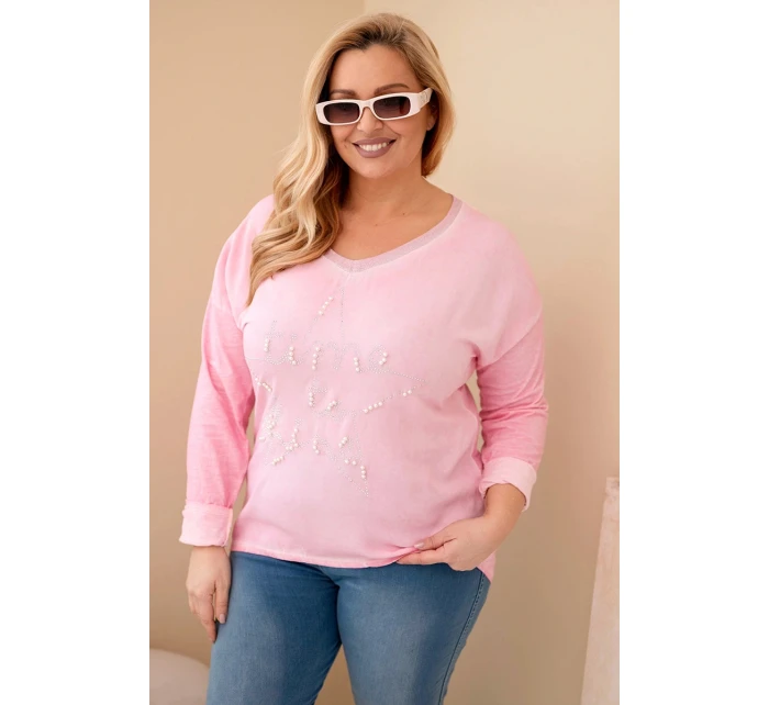 Dámske Plus veľkosť blúzka s potlačou a perlami svetlo ružová Dámske Plus veľkosť blúzka s potlačou a perlami svetlo ružová