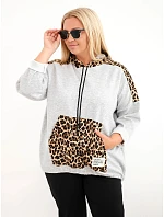Dámska mikina Plus Size z viskózy s kapucňou a leopardovými detailmi, sivá