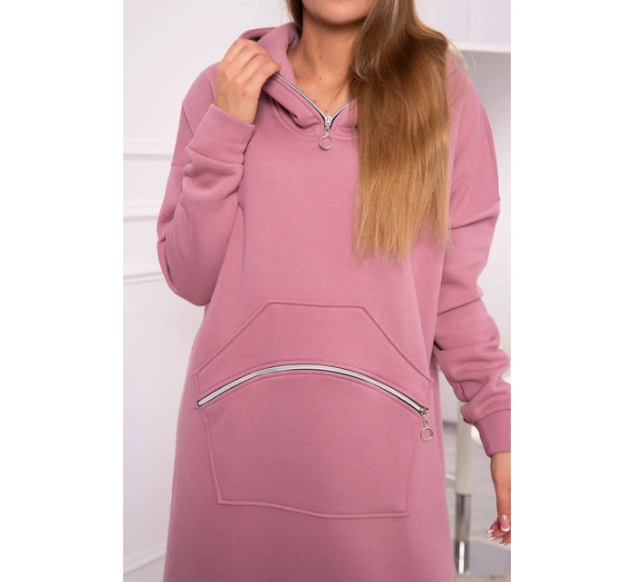 Zateplené šaty s kapucňou tmavo ružové
