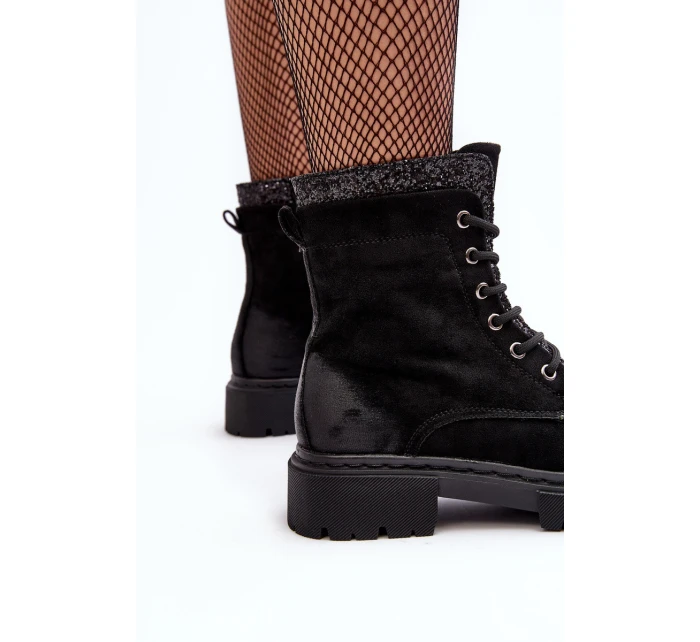 Zdobione Botki Workery Damskie Na Suwak Czarne Santelia Zdobione Botki Workery Damskie Na Suwak Czarne Santelia