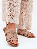 Sandały Damskie Na Płaskim Obcasie Ze Złotymi Ćwiekami Beżowe Zanira