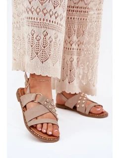 Sandały Damskie Na Płaskim Obcasie Ze Złotymi Ćwiekami Beżowe Zanira