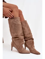 Dámske zateplené čižmy na podpätku Mavella - béžové, eko semiš Dámske zateplené čižmy na podpätku Mavella - béžové, eko semiš