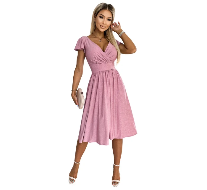 Dámské šaty MATILDE model 22030030 pudrově růžové s brokátem - numoco