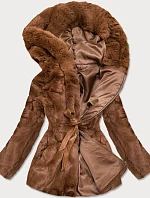 Hnedá dámska bunda - kožúšok s kapucňou (BR9743-22)