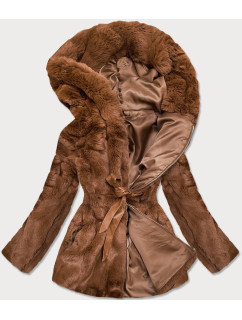 Hnedá dámska bunda - kožúšok s kapucňou (BR9743-22)