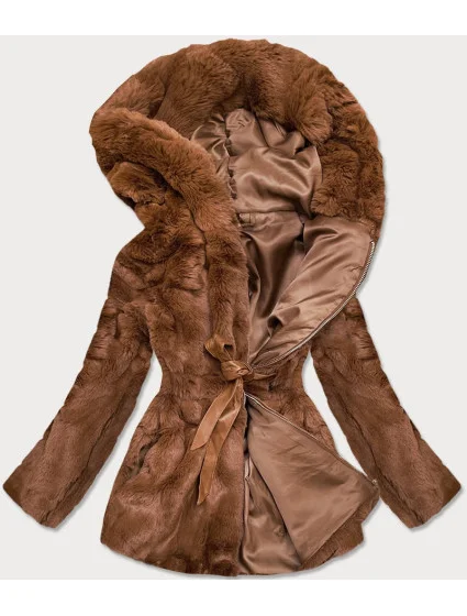 Hnedá dámska bunda - kožúšok s kapucňou (BR9743-22)