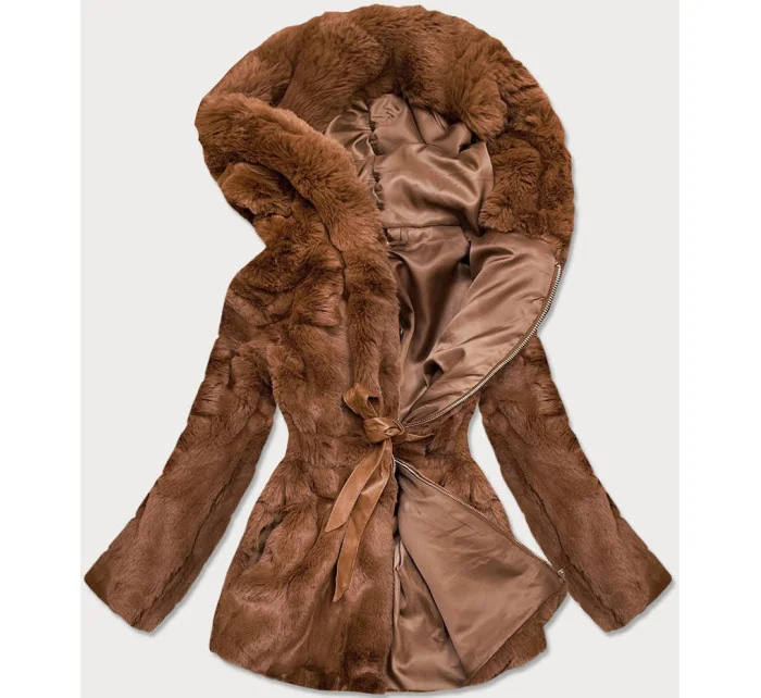 Hnedá dámska bunda - kožúšok s kapucňou (BR9743-22)