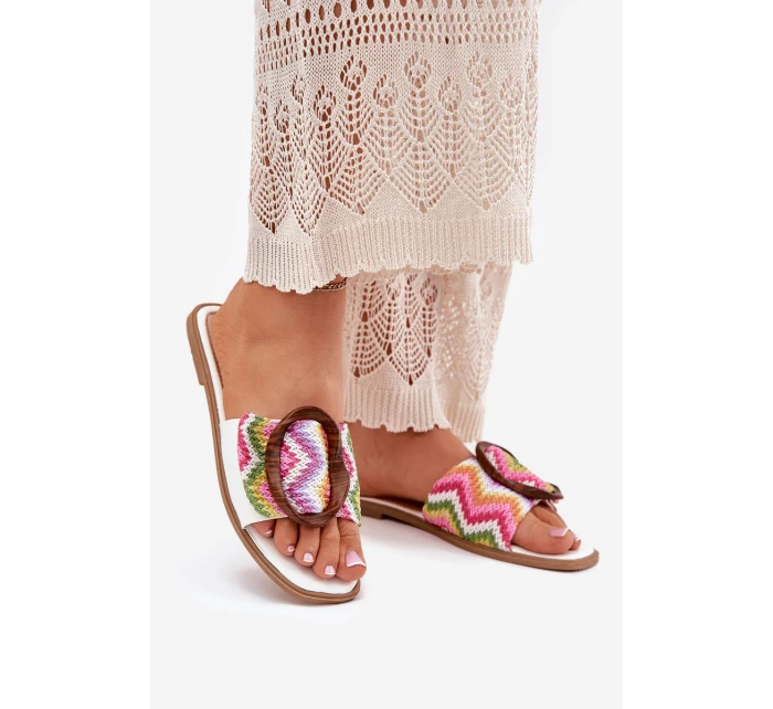 Klapki Damskie Płaskie Z Ozdobną Klamrą Białe Luwam Klapki Damskie Płaskie Z Ozdobną Klamrą Białe Luwam