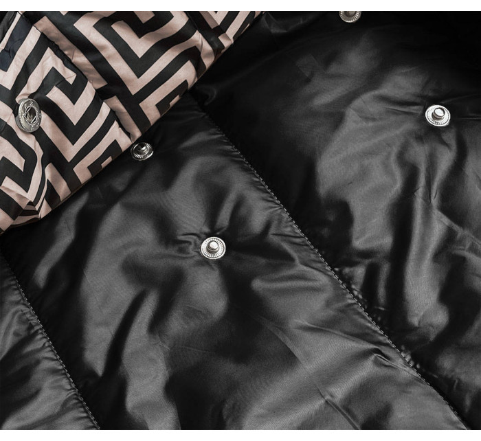 Černo-béžová přeložená obálková dámská bunda s kapucí (R8040)
