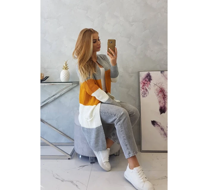 Šedý+horčičný pruhovaný sveter