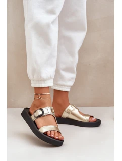 Skórzane Klapki Damskie Na Platformie Zazoo 3024 Złote