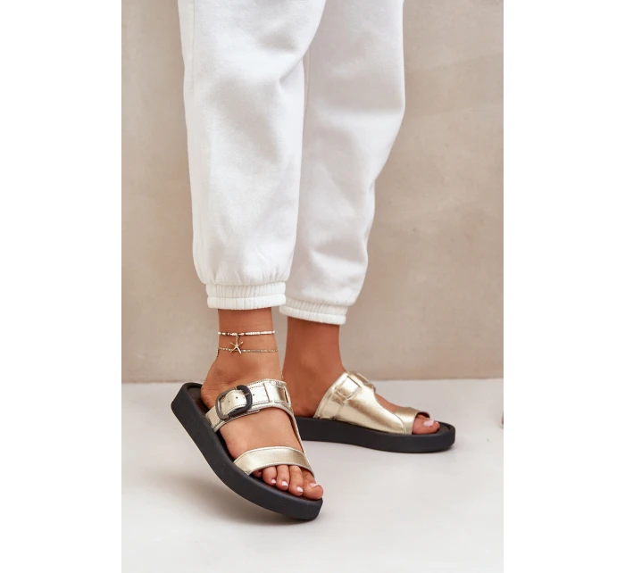 Skórzane Klapki Damskie Na Platformie Zazoo 3024 Złote