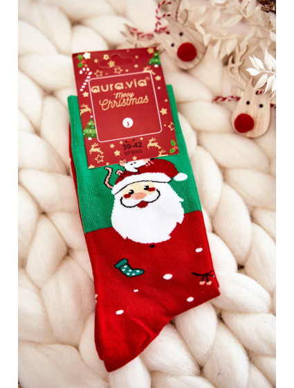 Pánske vianočné bavlnené ponožky so Santa Clausom zelené a červené