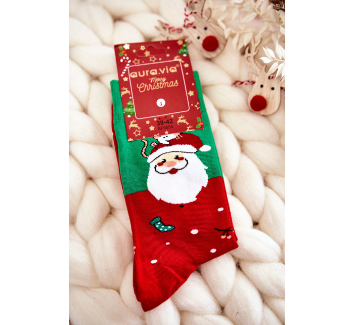 Pánske vianočné bavlnené ponožky so Santa Clausom zelené a červené