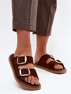 Dámské pantofle z imitace semiše se zlatými přezkami čokoládové model 22122715 - Boto