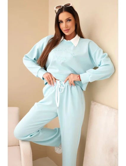 Dámska súprava mikiny s maslovým golierom a rovných nohavíc mätová