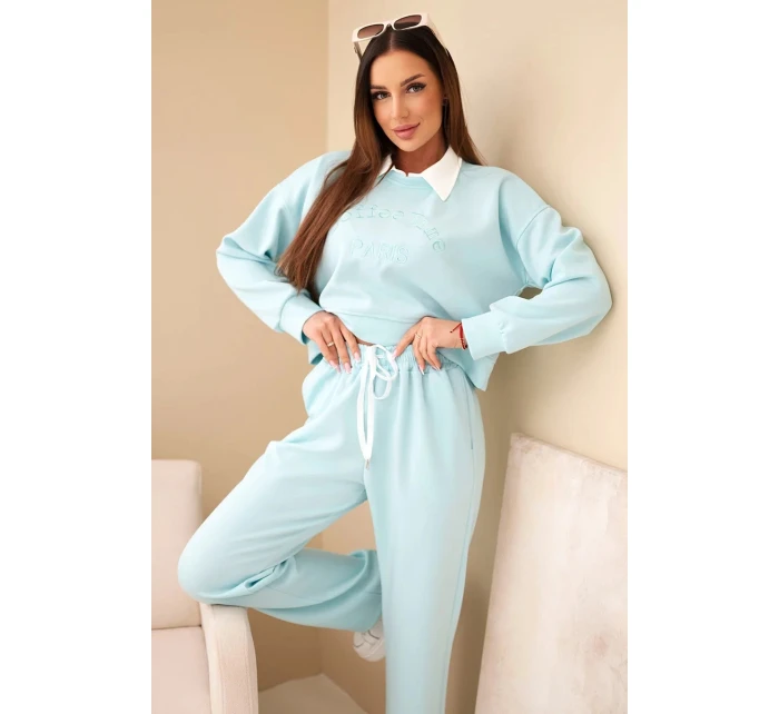 Dámska súprava mikiny s maslovým golierom a rovných nohavíc mätová