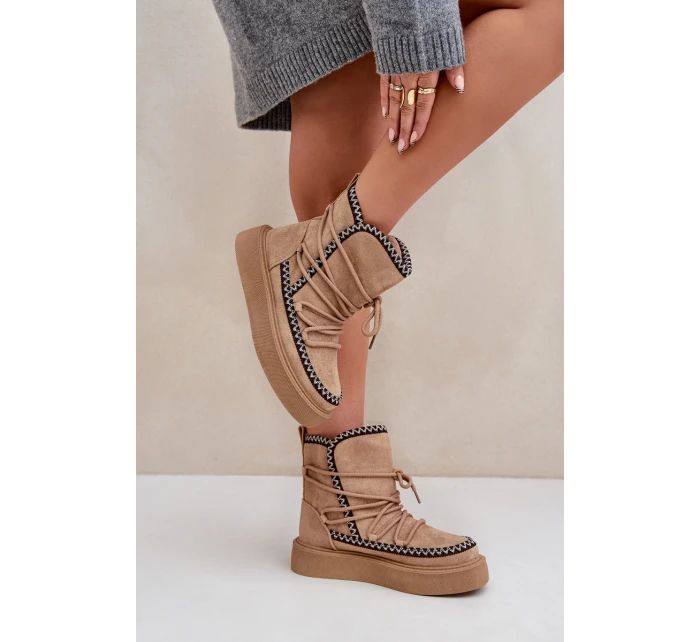 Śniegowce Damskie Z Haftem Na Platformie Brązowe Naleris