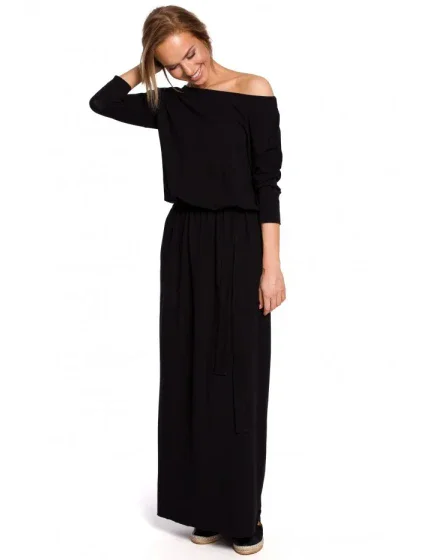 M435 Maxi bavlnené šaty s opaskom na zaväzovanie - čierne