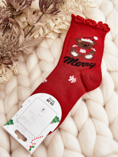Dámske lesklé vianočné ponožky s červeným medvedíkom