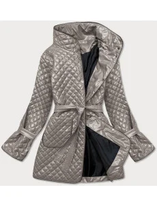 Prešívaná dámska bunda vo farbe cappuccino s opaskom (7262)