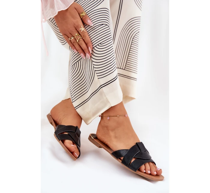 Płaskie Klapki Damskie Z Przeplatającymi Się Paskami Czarne Selaenor Płaskie Klapki Damskie Z Przeplatającymi Się Paskami Czarne Selaenor