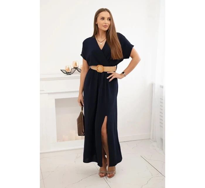 Dlouhé šaty s ozdobným páskem námořnictvo